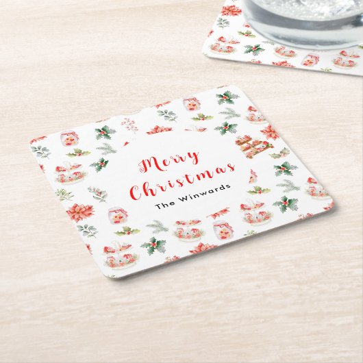 Kerstkoekjes en loof rood kartonnen onderzetters (Schuin)