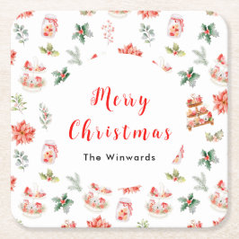 Kerstkoekjes en loof rood kartonnen onderzetters