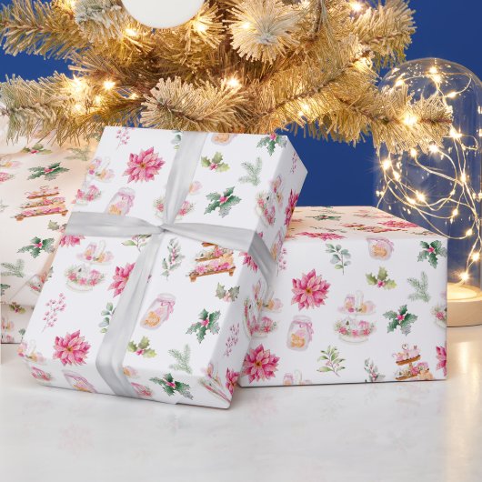 Kerstkoekjes en loof roze cadeaupapier (Feestdagen)