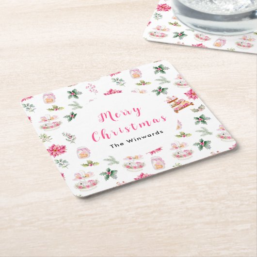 Kerstkoekjes en loof roze kartonnen onderzetters (Schuin)