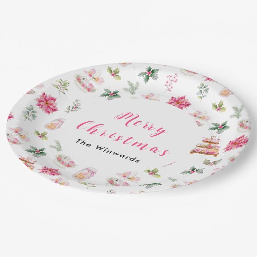 Kerstkoekjes en loof roze papieren bordje (Gekanteld)