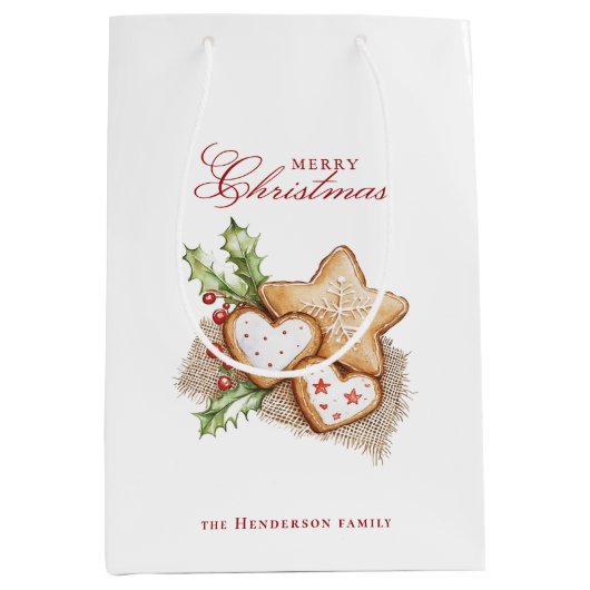 Kerstkoekjes en Pine White Custom Name Medium Cadeauzakje (Voorkant)