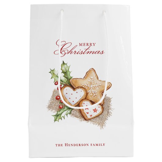 Kerstkoekjes en Pine White Custom Name Medium Cadeauzakje (Achterkant)