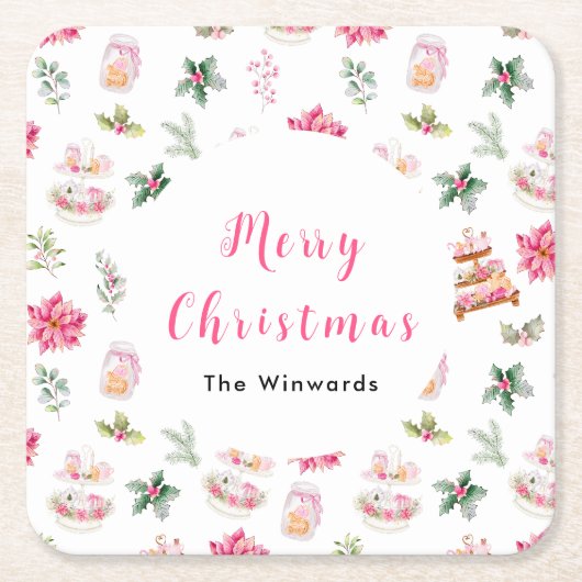 Kerstkoekjes en Roze Bladgroen Kartonnen Onderzetters (Voorkant)