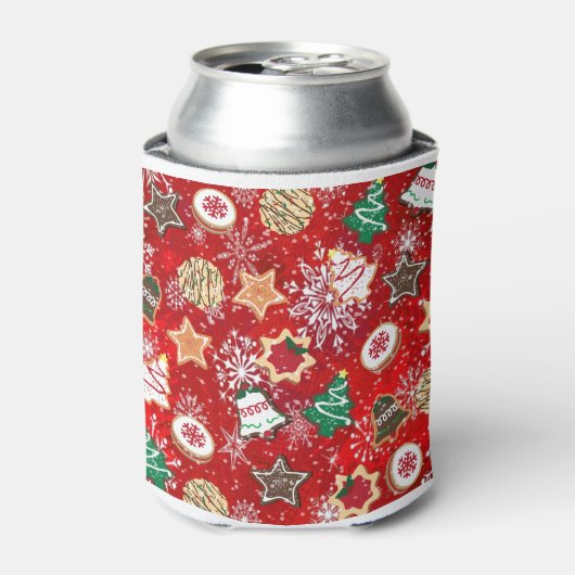 Kerstkoekjes en sneeuwvlokken op rood blikjeskoeler (Blikje Voorkant)