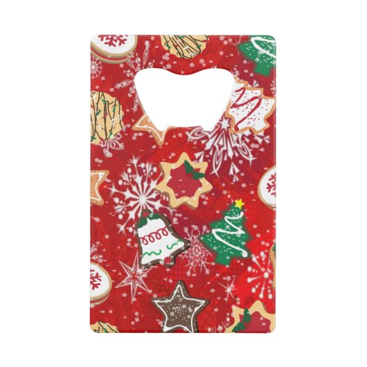 Kerstkoekjes en sneeuwvlokken op rood creditkaart flessenopener (Voorkant)
