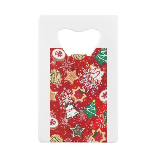 Kerstkoekjes en sneeuwvlokken op rood creditkaart flessenopener (Achterkant)