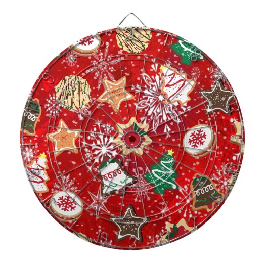 Kerstkoekjes en sneeuwvlokken op rood dartbord (Voorkant)