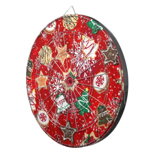 Kerstkoekjes en sneeuwvlokken op rood dartbord (Voorkant Rechts)