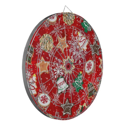 Kerstkoekjes en sneeuwvlokken op rood dartbord (Voorkant Links)