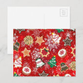 Kerstkoekjes en sneeuwvlokken op rood feestdagenkaart (Voorkant / Achterkant)