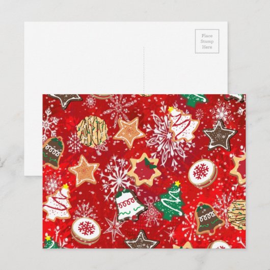 Kerstkoekjes en sneeuwvlokken op rood feestdagenkaart (Voorkant / Achterkant)