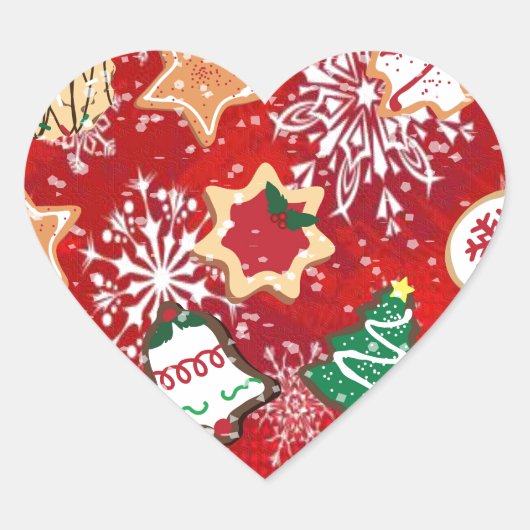 Kerstkoekjes en sneeuwvlokken op rood hart sticker (Voorkant)