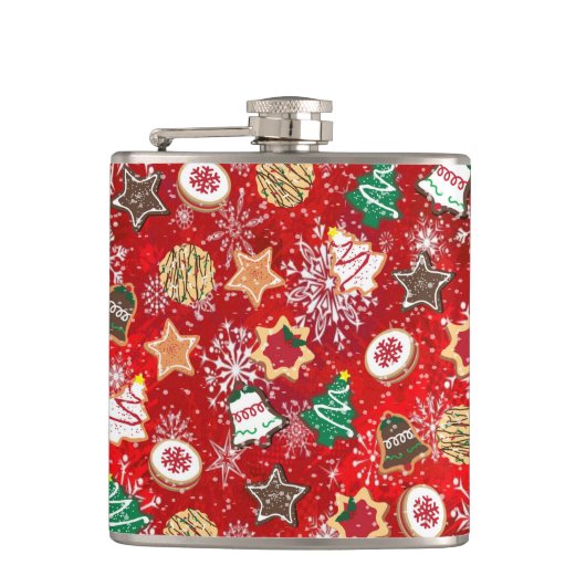 Kerstkoekjes en sneeuwvlokken op rood heupfles (Voorkant)