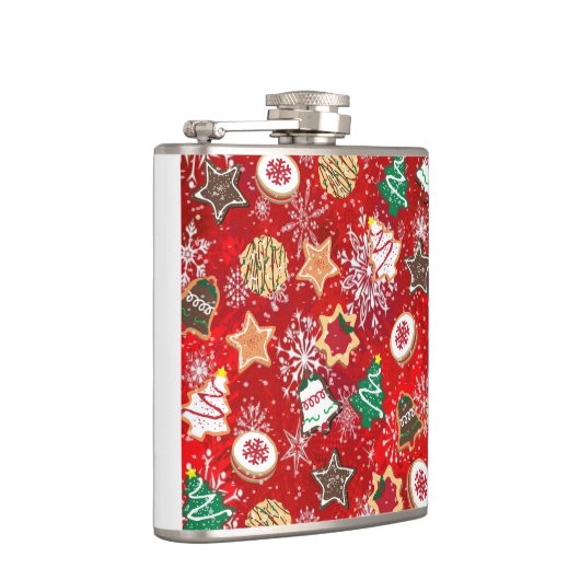 Kerstkoekjes en sneeuwvlokken op rood heupfles (Rechts)