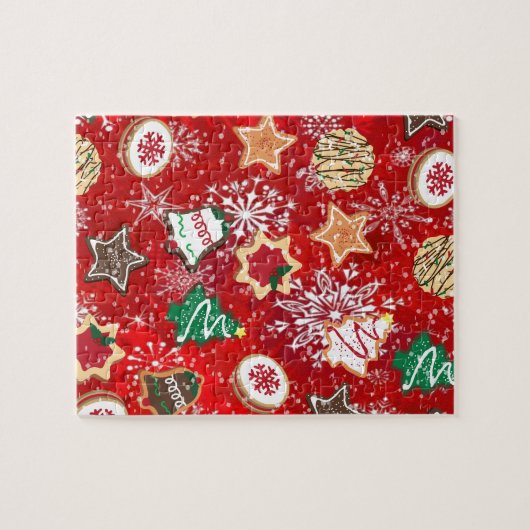 Kerstkoekjes en sneeuwvlokken op rood legpuzzel (Horizontaal)
