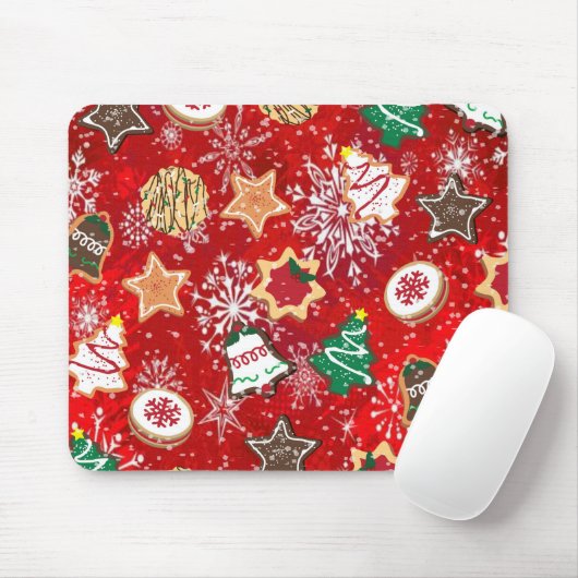 Kerstkoekjes en sneeuwvlokken op rood muismat (Met muis)