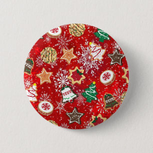 Kerstkoekjes en sneeuwvlokken op rood ronde button 5,7 cm