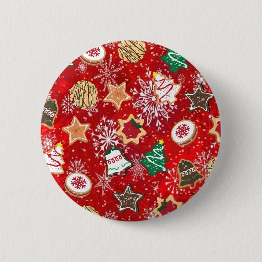 Kerstkoekjes en sneeuwvlokken op rood ronde button 5,7 cm (Voorkant)