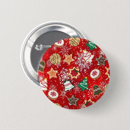 Kerstkoekjes en sneeuwvlokken op rood ronde button 5,7 cm (Voorkant /achterkant)