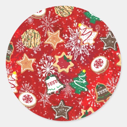 Kerstkoekjes en sneeuwvlokken op rood ronde sticker (Voorkant)