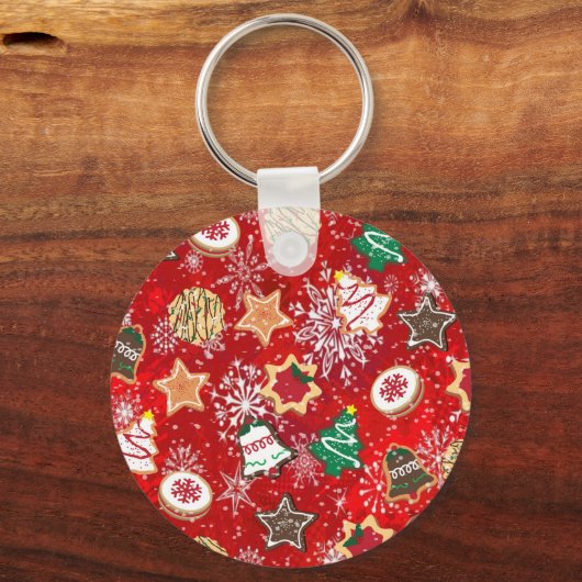 Kerstkoekjes en sneeuwvlokken op rood sleutelhanger (Voorkant)