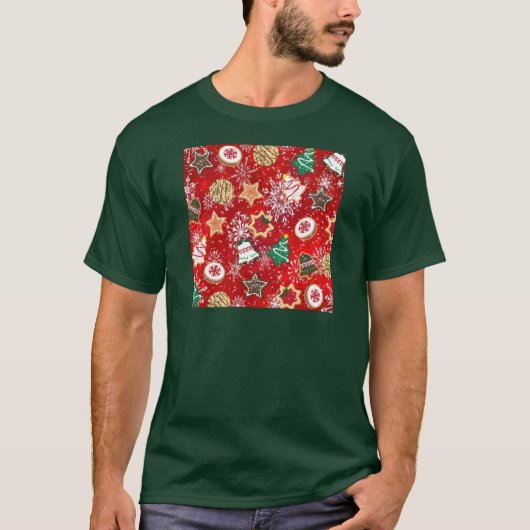 Kerstkoekjes en sneeuwvlokken op rood t-shirt (Voorkant)