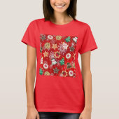 Kerstkoekjes en sneeuwvlokken op rood t-shirt (Voorkant)