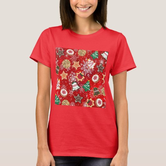 Kerstkoekjes en sneeuwvlokken op rood t-shirt (Voorkant)