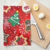 Kerstkoekjes en sneeuwvlokken op rood theedoek (Quarter Fold)