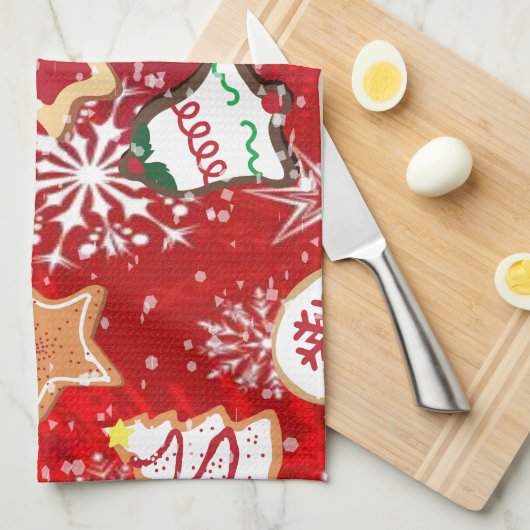 Kerstkoekjes en sneeuwvlokken op rood theedoek (Quarter Fold)