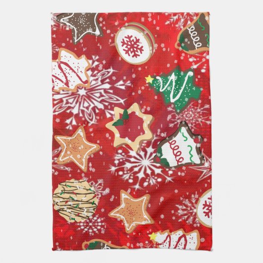 Kerstkoekjes en sneeuwvlokken op rood theedoek (Verticaal)