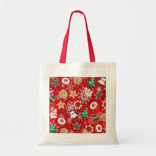 Kerstkoekjes en sneeuwvlokken op rood tote bag (Voorkant)
