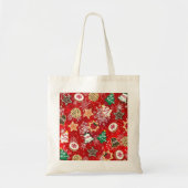 Kerstkoekjes en sneeuwvlokken op rood tote bag (Voorkant)