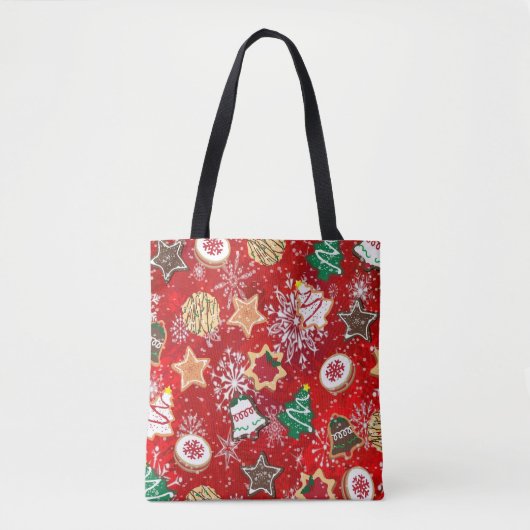 Kerstkoekjes en sneeuwvlokken op rood tote bag (Voorkant)