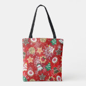 Kerstkoekjes en sneeuwvlokken op rood tote bag (Achterkant)