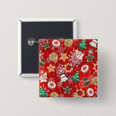 Kerstkoekjes en sneeuwvlokken op rood vierkante button 5,1 cm (Voorkant /achterkant)