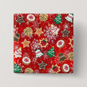 Kerstkoekjes en sneeuwvlokken op rood vierkante button 5,1 cm