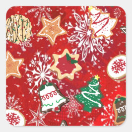 Kerstkoekjes en sneeuwvlokken op rood vierkante sticker