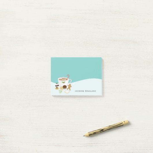 Kerstkoekjes en warme chocolade post-it® notes (Op bureau)