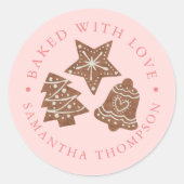 Kerstkoekjes gebakken met liefde roze ronde sticker (Voorkant)
