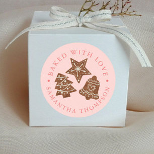 Kerstkoekjes gebakken met liefde roze ronde sticker