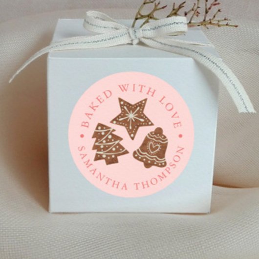 Kerstkoekjes gebakken met liefde roze ronde sticker
