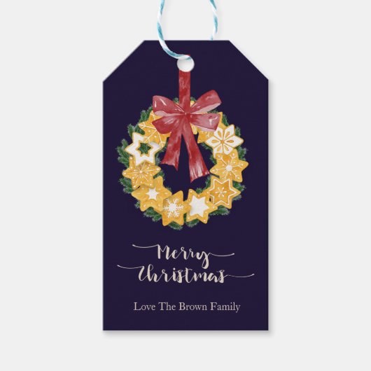 Kerstkoekjes met blauw marineslein cadeaulabel (Voorkant)