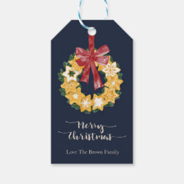 Kerstkoekjes met blauwe grijze achtergrond cadeaulabel