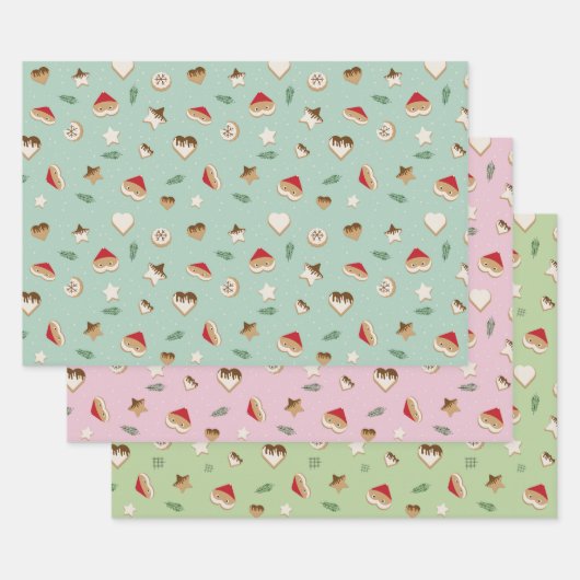 Kerstkoekjes op groen en roze inpakpapier vel (Set)