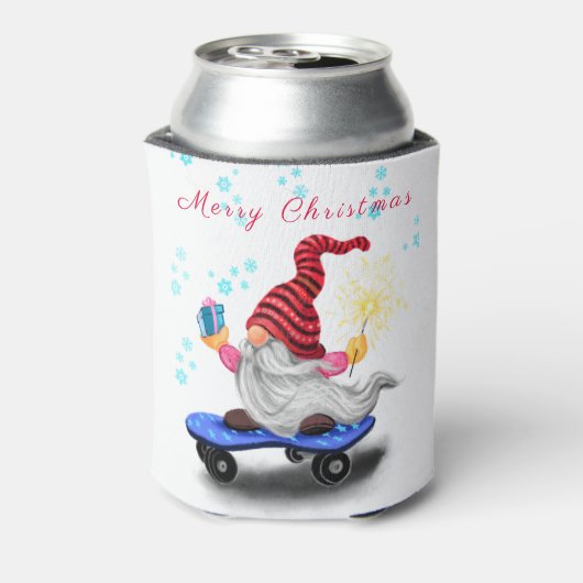 kerstKoelbox Skater Gnome met cadeaus Blikjeskoeler (Blikje Achterkant)