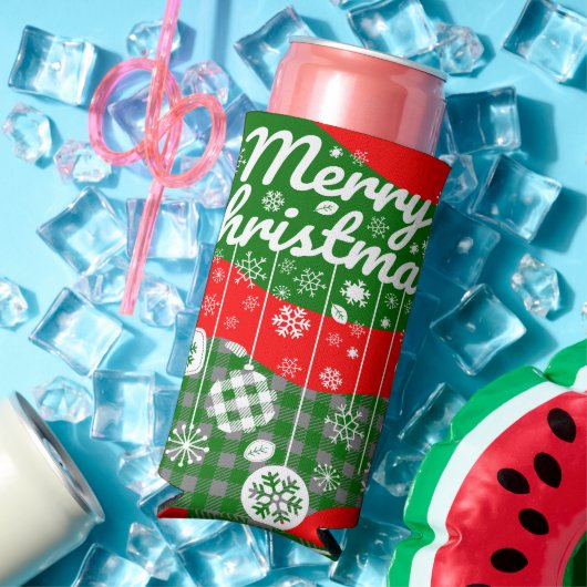 Kerstkoeler – Witte Ornamenten & Prettig Kerstmis Seltzer Blikjeskoeler (Insitu Zomer)