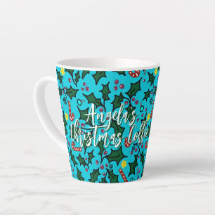 Kerstkoffie Aqua Blauwe Patroon Met Naam Latte Mok