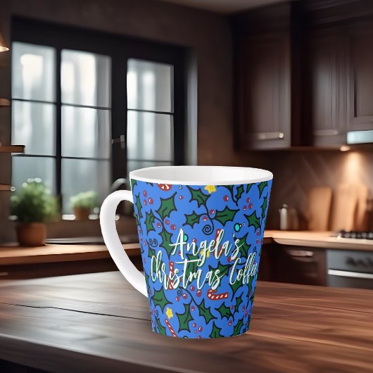 Kerstkoffie Blauwe Patroon Latte Mok